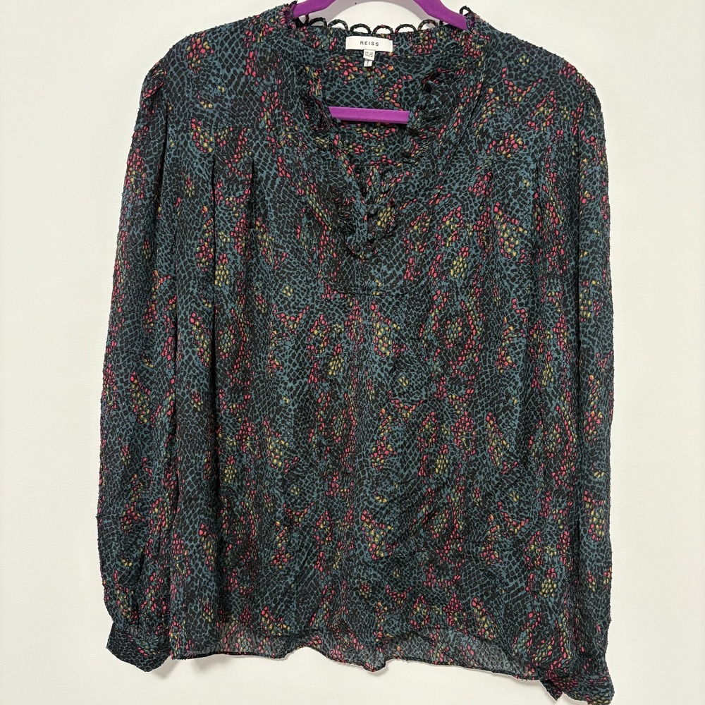 Reiss‎ Women's Gloria Snake Print Blouse Size 8 or M Green Multi Office Career